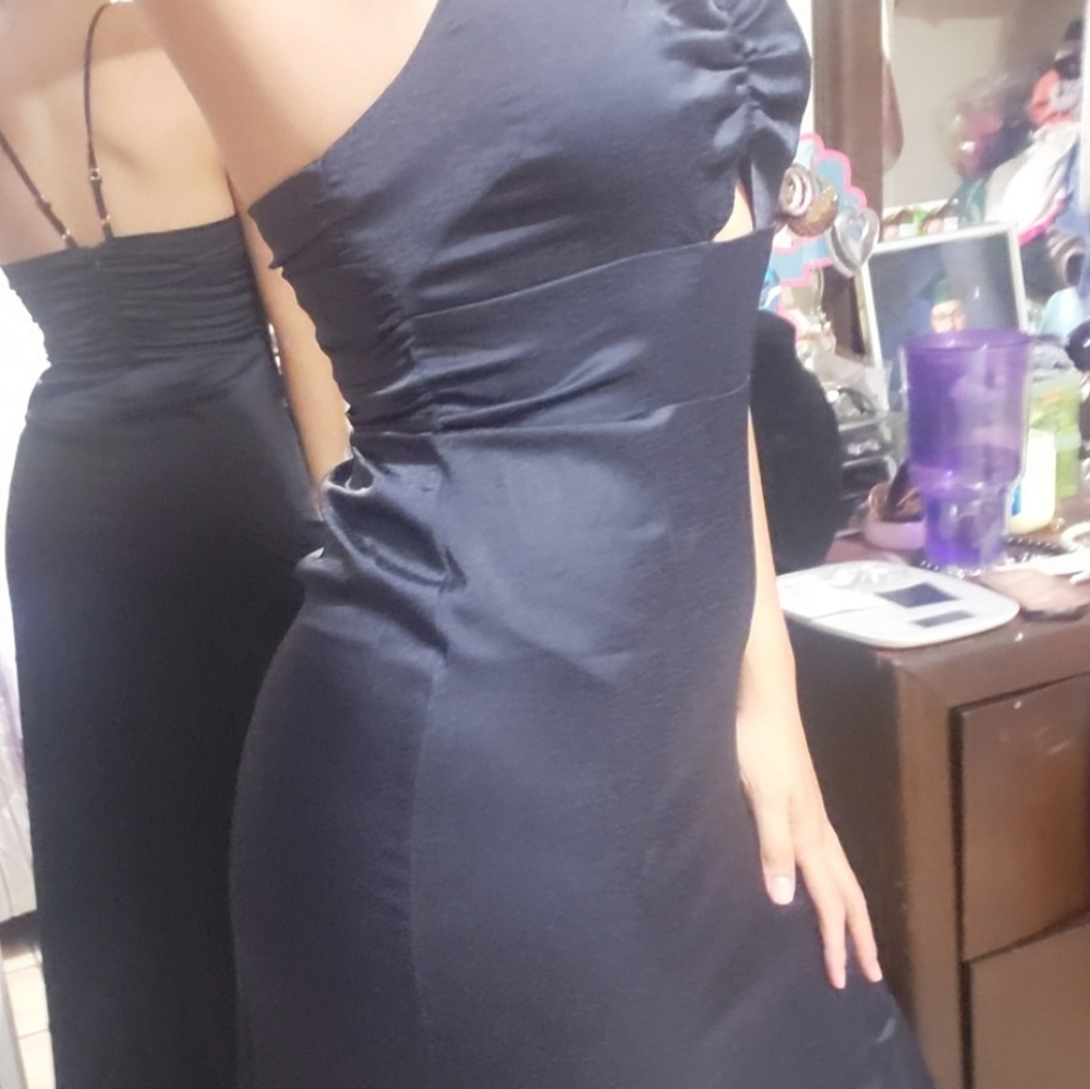 LAST CHANCE-Lulu's-Navy Print Satin lux Dress - Picture 4 of 8